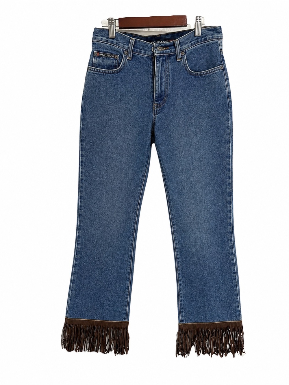 DKNY Women’s Blue Jeans w/Suede Fringe Hem Y2K Western-inspired Vibe, Size 2 EUC